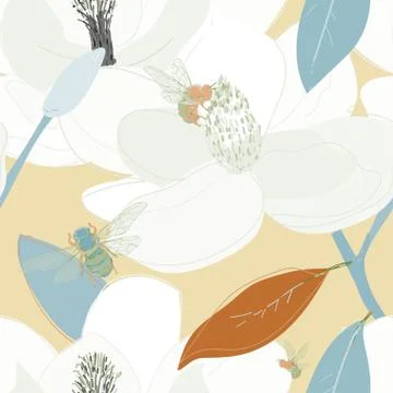 Bees collect nectar from the core of large flowers seamless vector pattern Stock Illustration