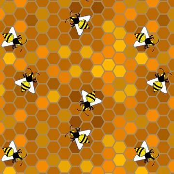 Bees on combs with honey. Seamless pattern. Stock Illustration