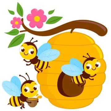 Bees flying around a beehive. Vector illustration Stock Illustration