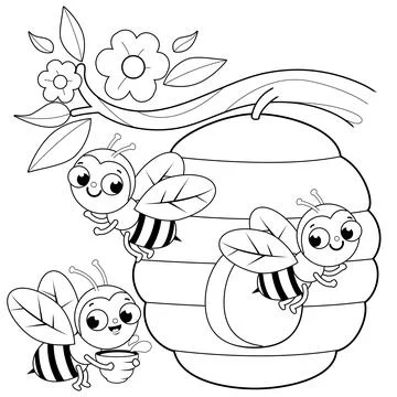 Bees flying around a beehive. Vector black and white coloring page Stock Illustration