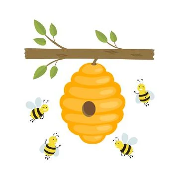 Bees flying around a beehive. Vector illustration isolated. Stock Illustration