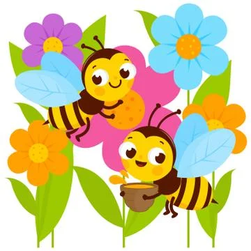 Bees flying around flowers. Vector illustration Stock Illustration