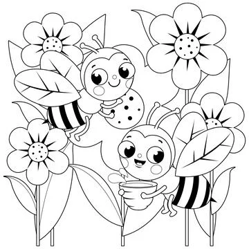 Bees flying around flowers. Vector black and white coloring page Stock Illustration