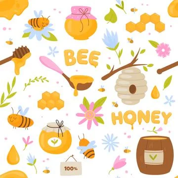 Bees honey seamless pattern. Healthy natural bee products, funny cartoon items Stock Illustration