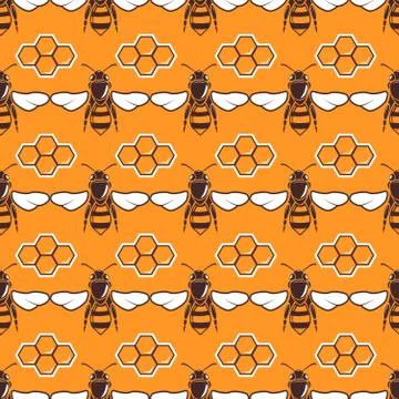 Bees, honey vector seamless pattern in brown and orange Stock Illustration