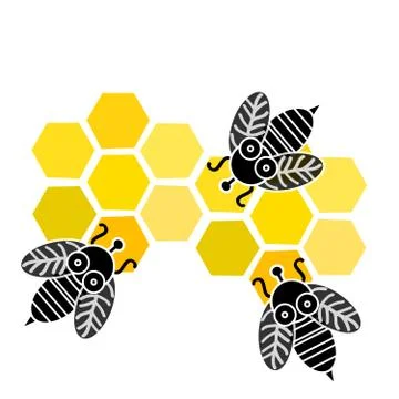Bees with honeycomb isolated on white background. Vector illustration. Stock Illustration