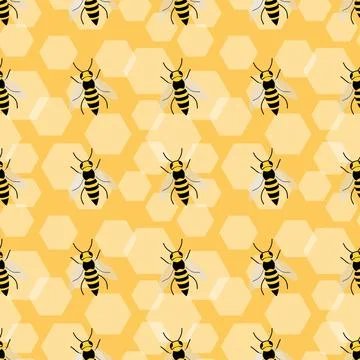Bees honeycomb seamless pattern on orange background Illustrazione stock
