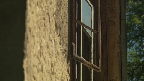 Bees hover and fly in the foreground outside an open window of an old Stock Footage 110909250