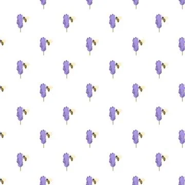 Bees pollinating lavender flowers creating seamless pattern Illustrazione stock