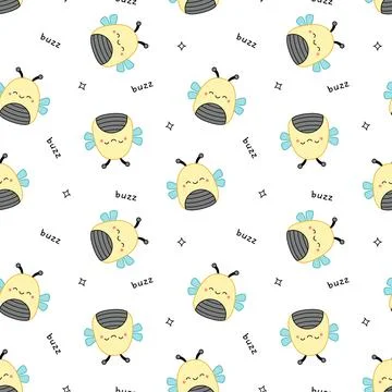 Bees on seamless pattern. Squishmallow. Background with bee. Kawaii, vector Stock Illustration