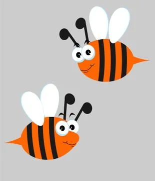Bees Set. Raster illustration with cute cartoon bees, on grey background. Stock Illustration