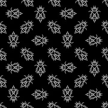 Bees vector dark seamless pattern in outline style Stock Illustration