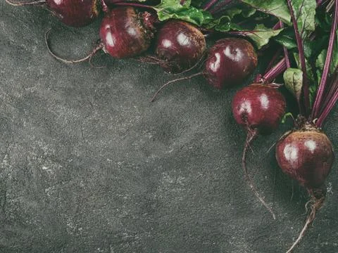 Beet, beetroot bunch on dark background, copy space Foto stock