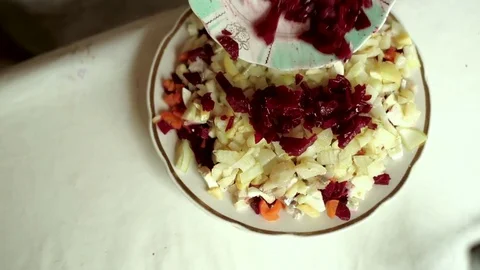 Beet. Preparation of a dish herring under a fur coat. Stock Footage 70269454