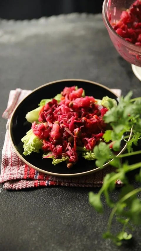 Beet salad baked beetroot, potatoes, green peas, green leaf salad tasty food Stock Footage 292307027