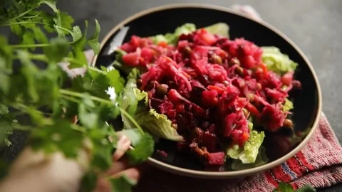 Beet salad baked beetroot, potatoes, green peas, green leaf salad tasty food Stock Footage 292307034