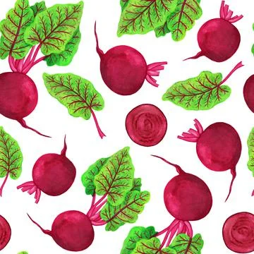 Beet watercolor seamless pattern. Beetroot plant with chard leaves and slices Stockillustratie