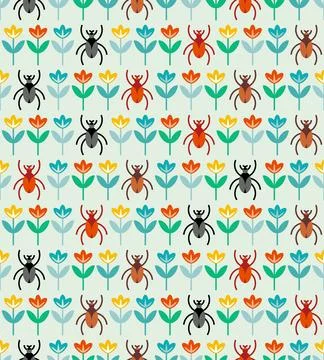 Beetle and flower pattern seamless. Insects and flowers background. Baby fa.. Stock Illustration