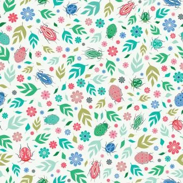 Beetle and leaf pattern. Vector seamless repeat design. イラスト素材