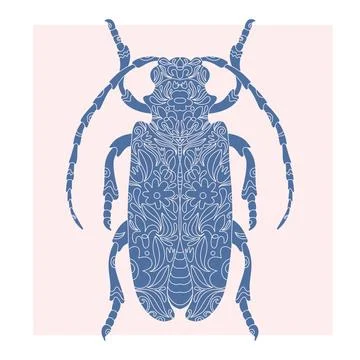 Beetle with botanical cut-out pattern, linocut style, detailed print, natural Illustrazione stock