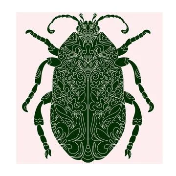 Beetle with botanical cut-out pattern, linocut style, detailed print, natural Illustrazione stock