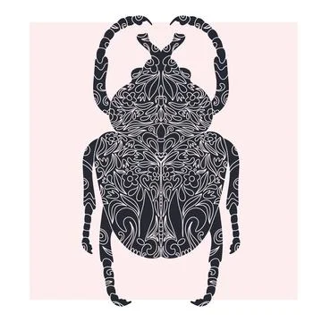 Beetle with botanical cut-out pattern, linocut style, detailed print, natural Illustrazione stock