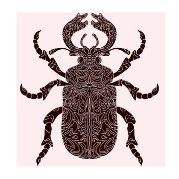 Beetle with botanical cut-out pattern, linocut style, detailed print, natural Illustrazione stock