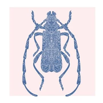 Beetle with botanical cut-out pattern, linocut style, detailed print, natural Illustrazione stock