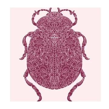 Beetle with botanical cut-out pattern, linocut style, detailed print, natural Illustrazione stock