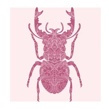 Beetle with botanical cut-out pattern, linocut style, detailed print, natural Illustrazione stock
