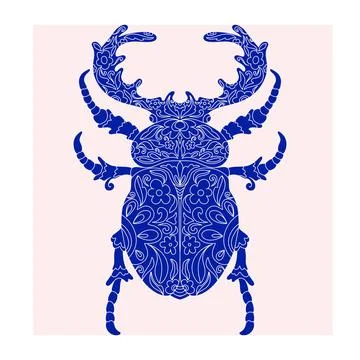 Beetle with botanical cut-out pattern, linocut style, detailed print, natural Illustrazione stock