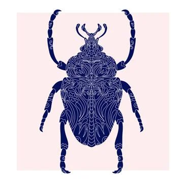 Beetle with botanical cut-out pattern, linocut style, detailed print, natural Stock Illustration