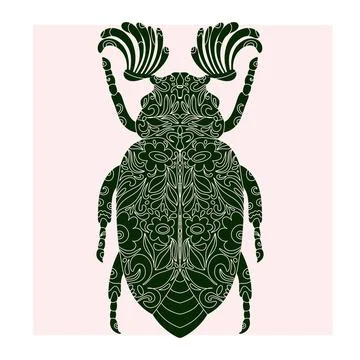 Beetle with botanical cut-out pattern, linocut style, detailed print, natural Illustrazione stock