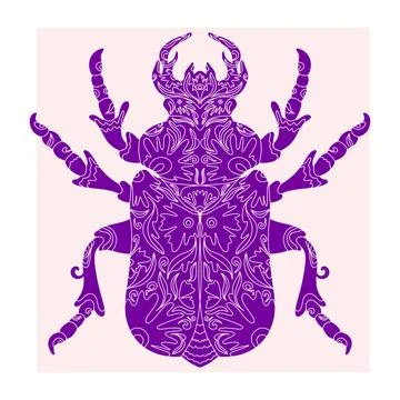 Beetle with botanical cut-out pattern, linocut style, detailed print, natural Illustrazione stock