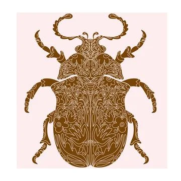 Beetle with botanical cut-out pattern, linocut style, detailed print, natural Illustrazione stock