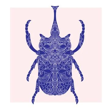 Beetle with botanical cut-out pattern, linocut style, detailed print, natural Illustrazione stock