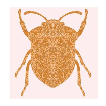 Beetle with botanical cut-out pattern, linocut style, detailed print, natural Stock Illustration