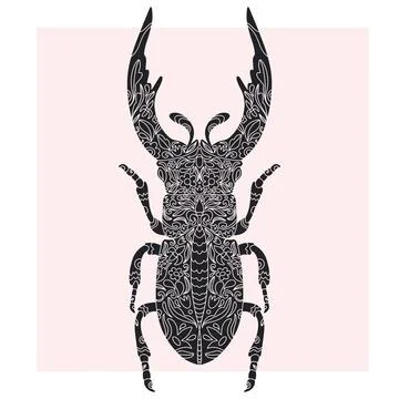 Beetle with botanical cut-out pattern, linocut style, detailed print, natural Illustrazione stock