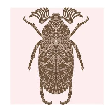 Beetle with botanical cut-out pattern, linocut style, detailed print, natural Stock Illustration