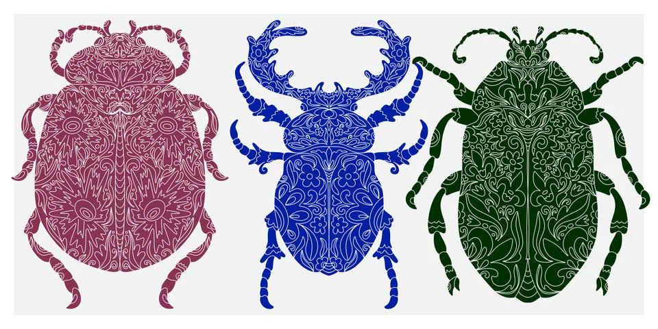 Beetle with botanical cut-out pattern, linocut style, detailed print, natural Illustrazione stock