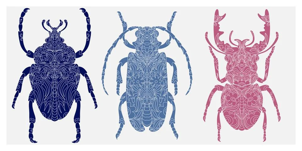 Beetle with botanical cut-out pattern, linocut style, detailed print, natural Illustrazione stock