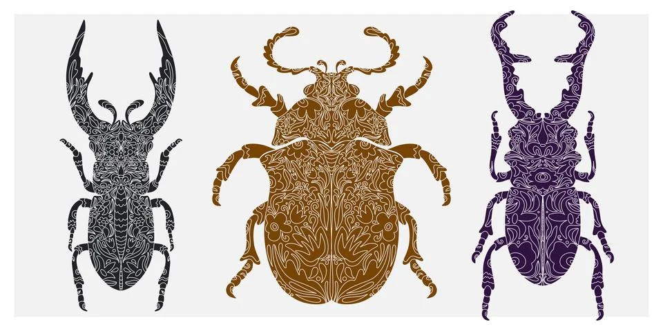 Beetle with botanical cut-out pattern, linocut style, detailed print, natural Stock Illustration