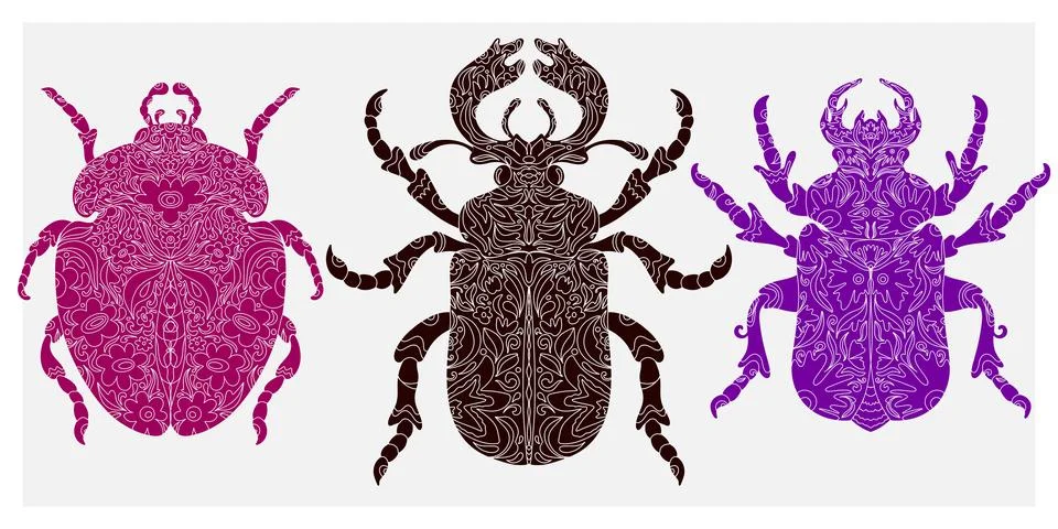 Beetle with botanical cut-out pattern, linocut style, detailed print, natural Illustrazione stock