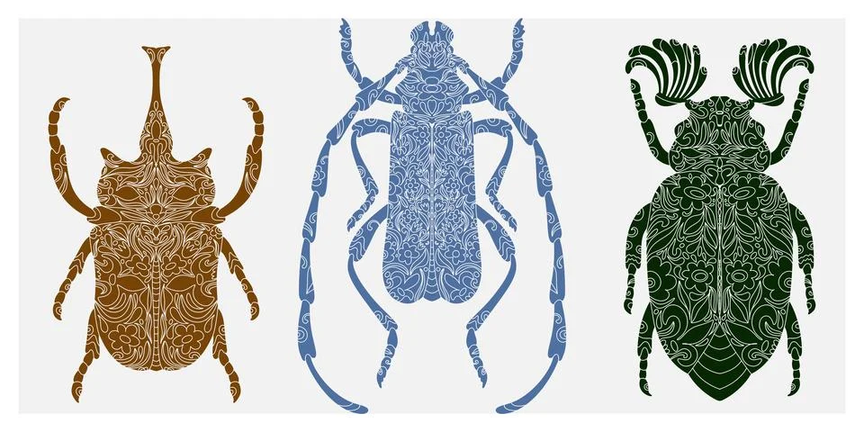 Beetle with botanical cut-out pattern, linocut style, detailed print, natural Illustrazione stock