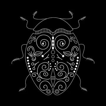 Beetle white linear illustration on black background. Botanical collection Stock Illustration
