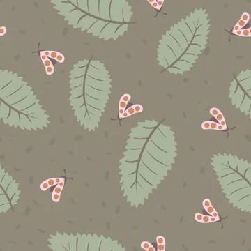 Beetles and leaves seamless vector pattern Stock Illustration