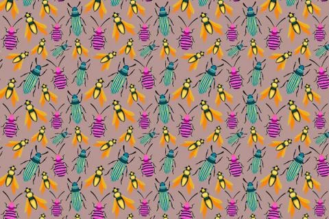 Beetles bright pink pattern. Insects background Illustrazione stock