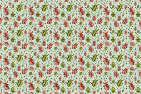 Beetles pink green pattern. Insects background Stock Illustration