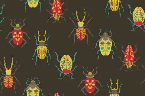 Beetles seamless pattern whimsical folk art insects fantasy bugs patterned wings 스톡 일러스트