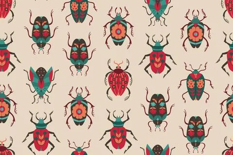 Beetles seamless pattern whimsical folk art insects fantasy bugs patterned wings Illustrazione stock